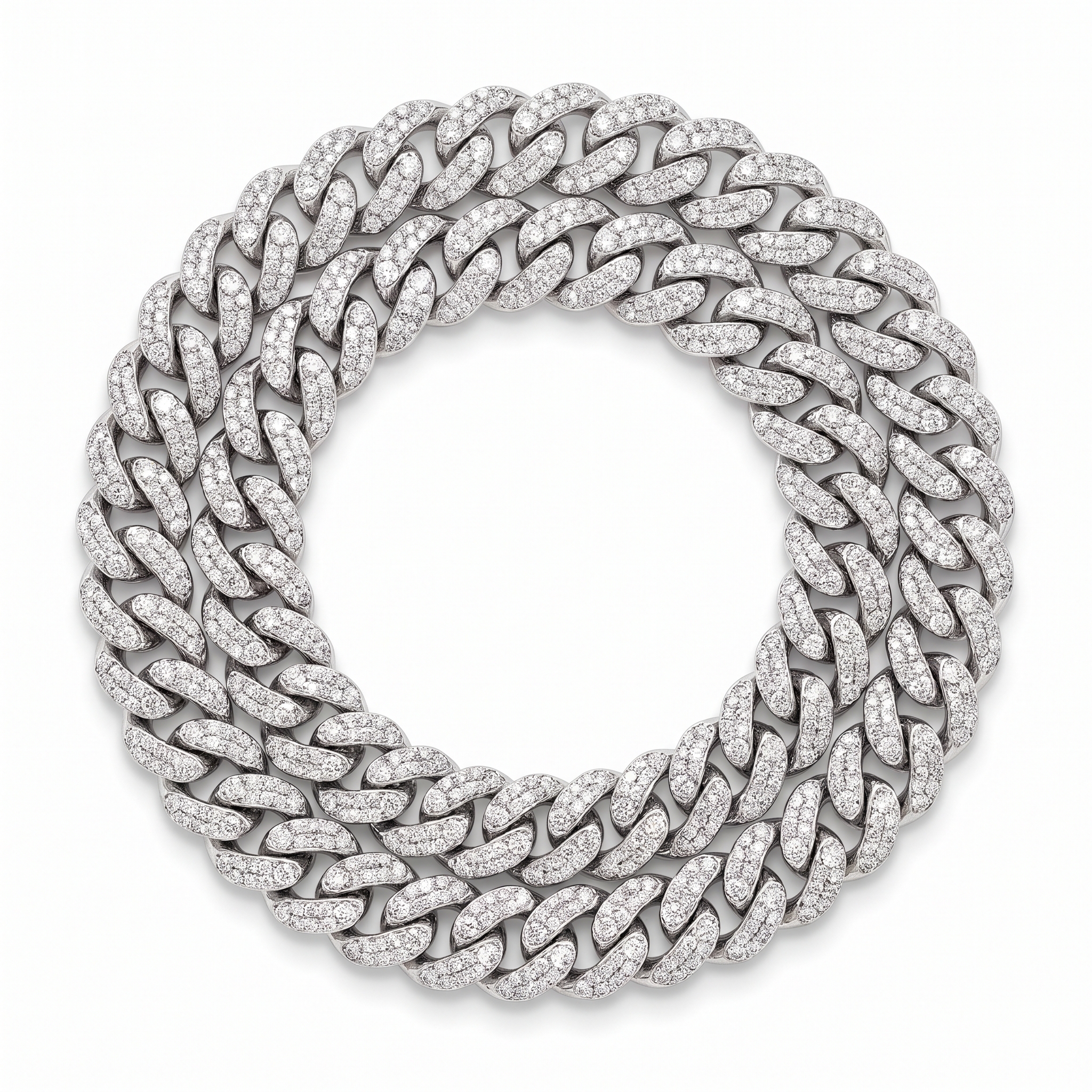 A fully iced-out white gold Cuban link chain, every link pave-set with diamonds, coiled in a circle