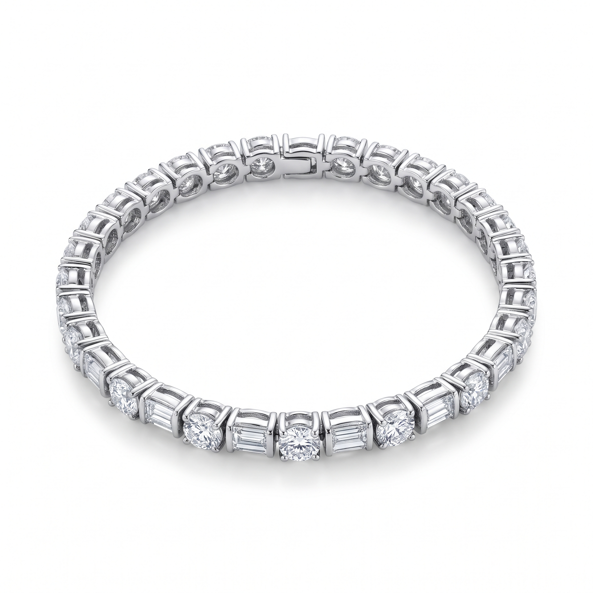 A platinum tennis bracelet alternating round brilliant and baguette diamonds, coiled in a circle
