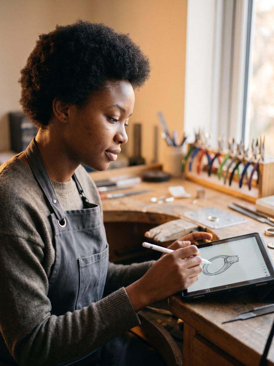A CAD designer with a stylus working on a 3D ring model on a screen at a jewelry bench