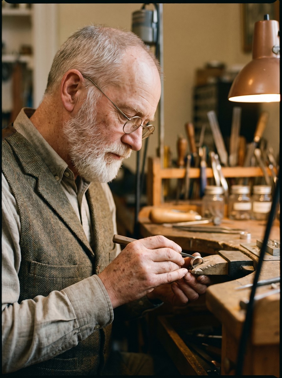 An older hand engraver with glasses engraving the inside of a ring band with a graver