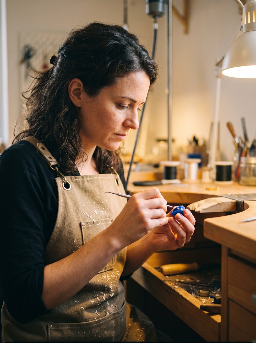 A wax carver shaping a jewelry wax model with a fine tool at her bench
