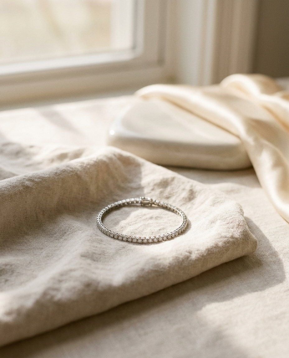 A diamond tennis bracelet draped across pale linen