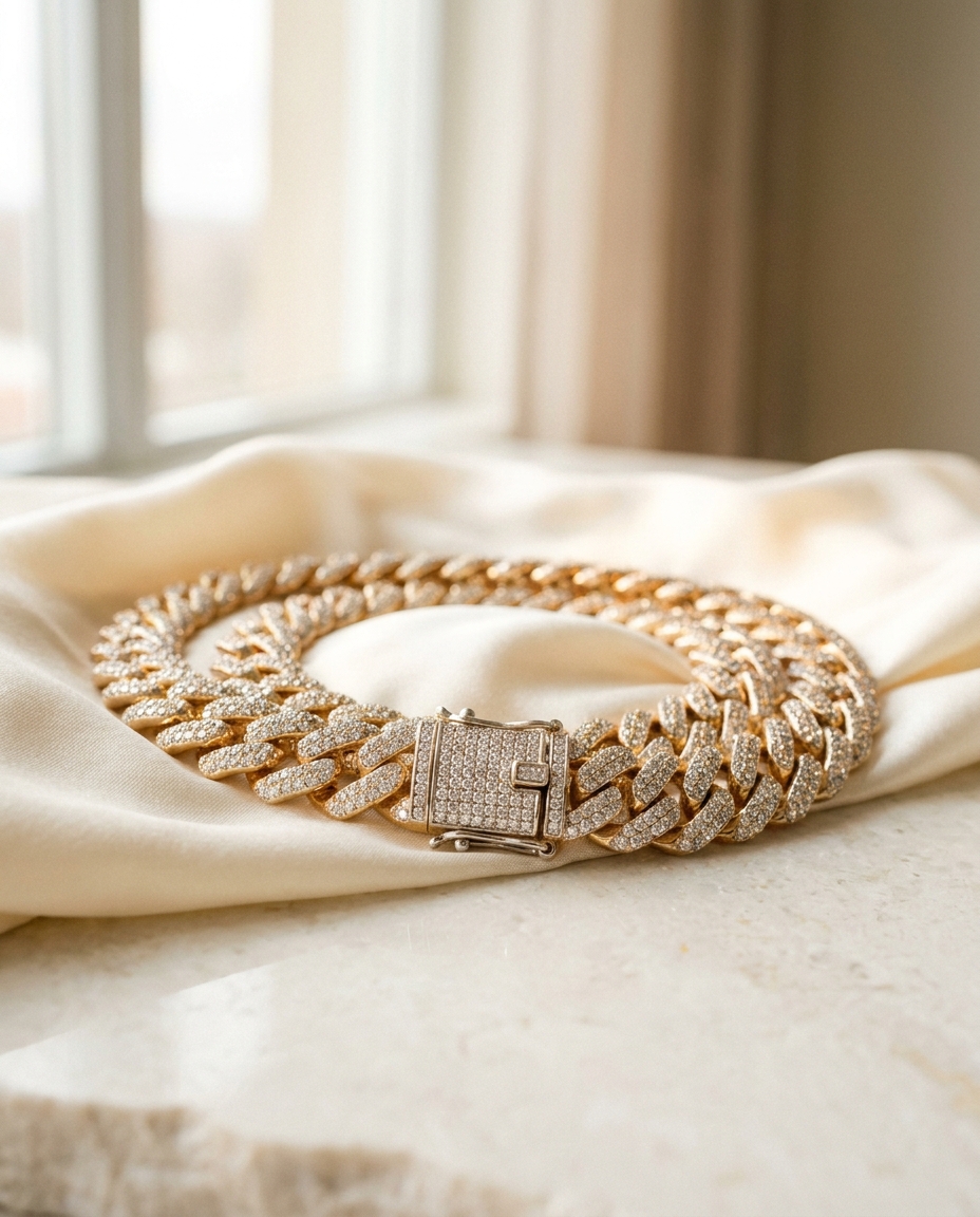 A fully diamond-set Cuban link chain coiled on ivory silk