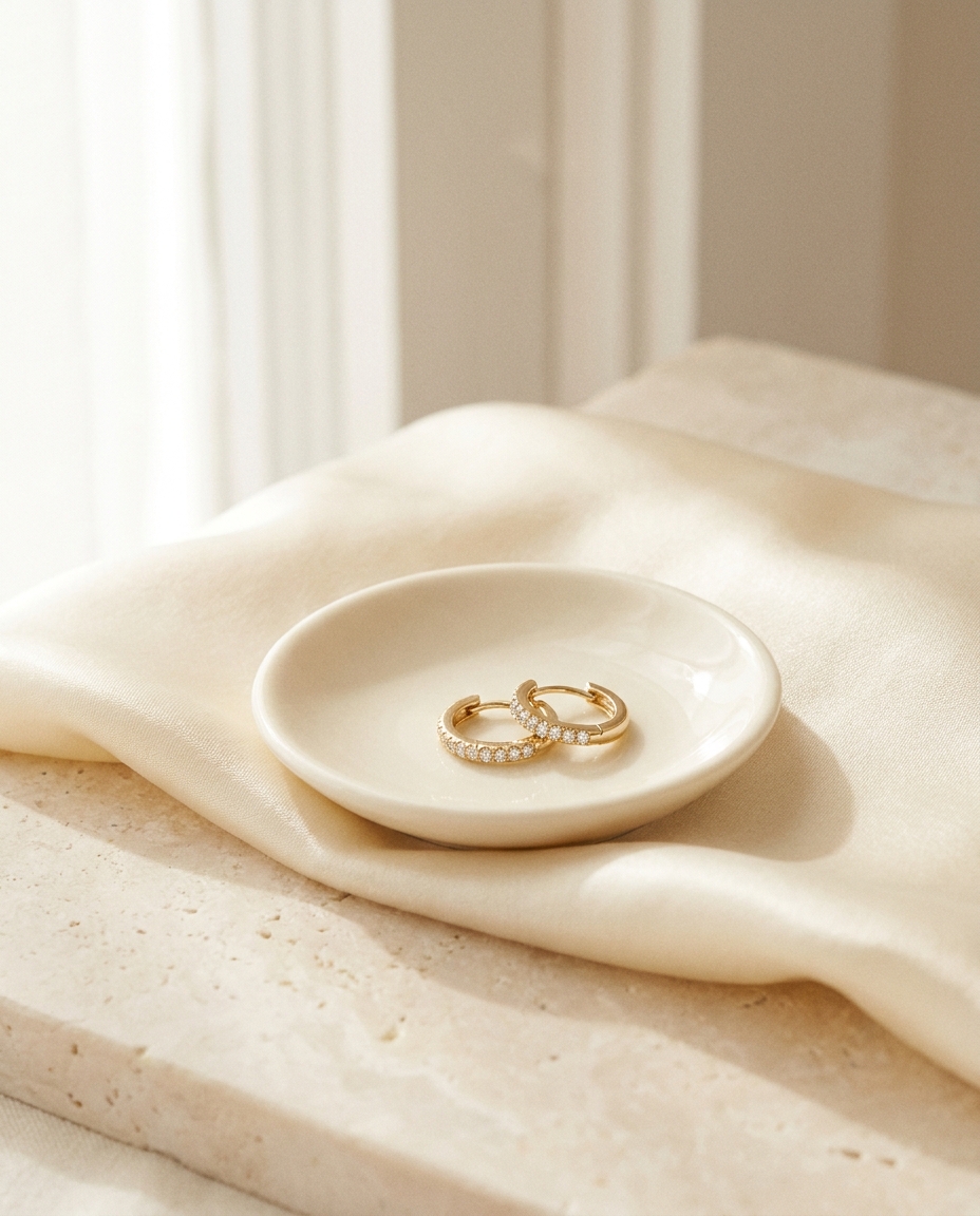 Petite diamond huggie earrings resting on a porcelain dish
