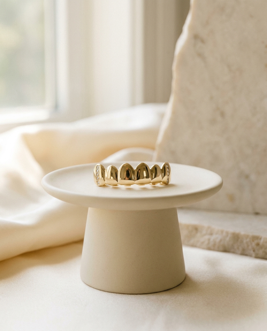 Polished gold grillz displayed on a cream ceramic riser