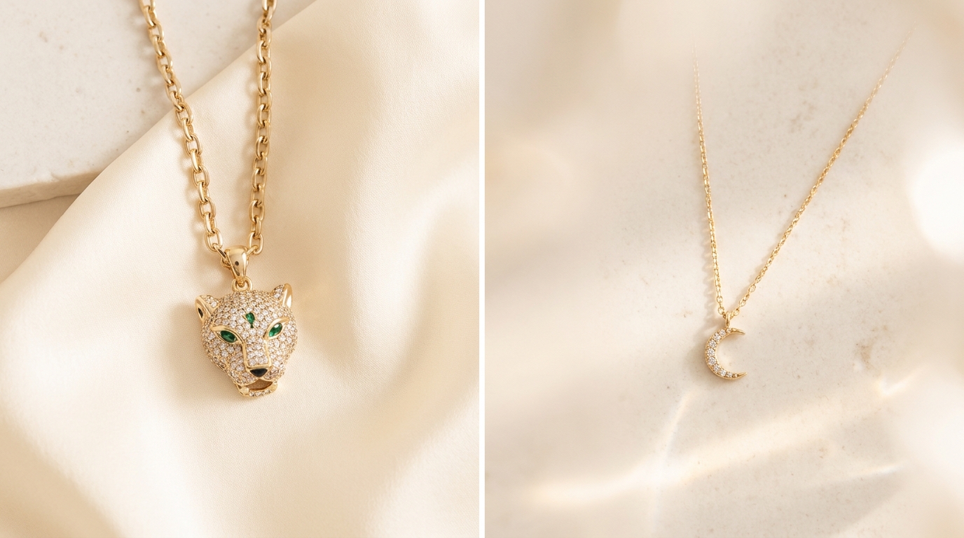 A pave diamond panther head pendant beside a dainty diamond charm pendant on ivory silk