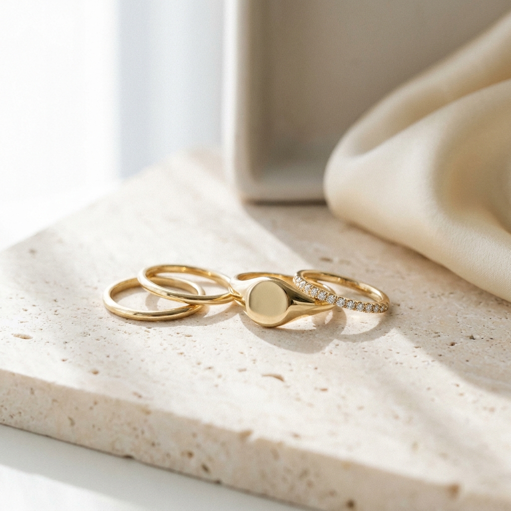 A cluster of everyday gold rings on travertine: slim stacking bands, a signet, and a diamond eternity band