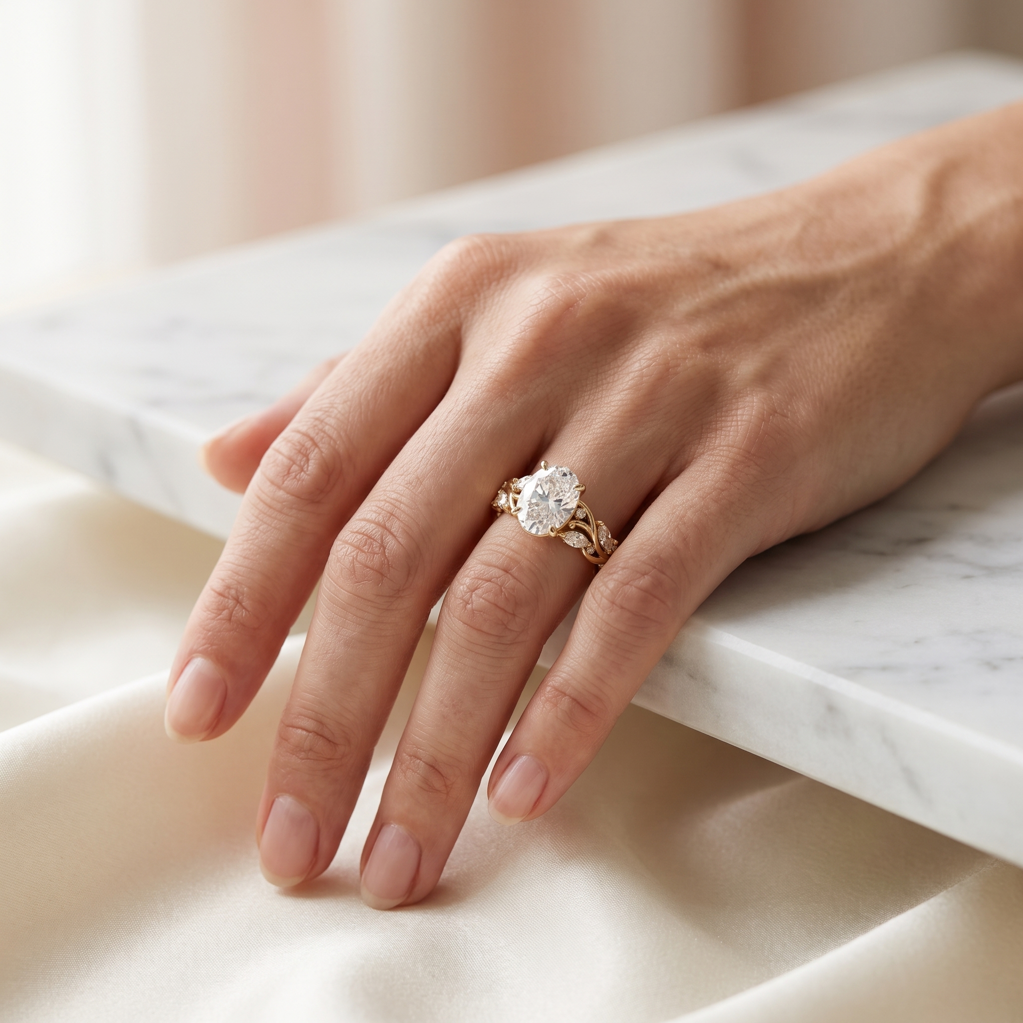 The finished oval solitaire ring on a gold leaf and vine band of marquise diamonds, worn on a hand resting on a marble ledge in soft daylight