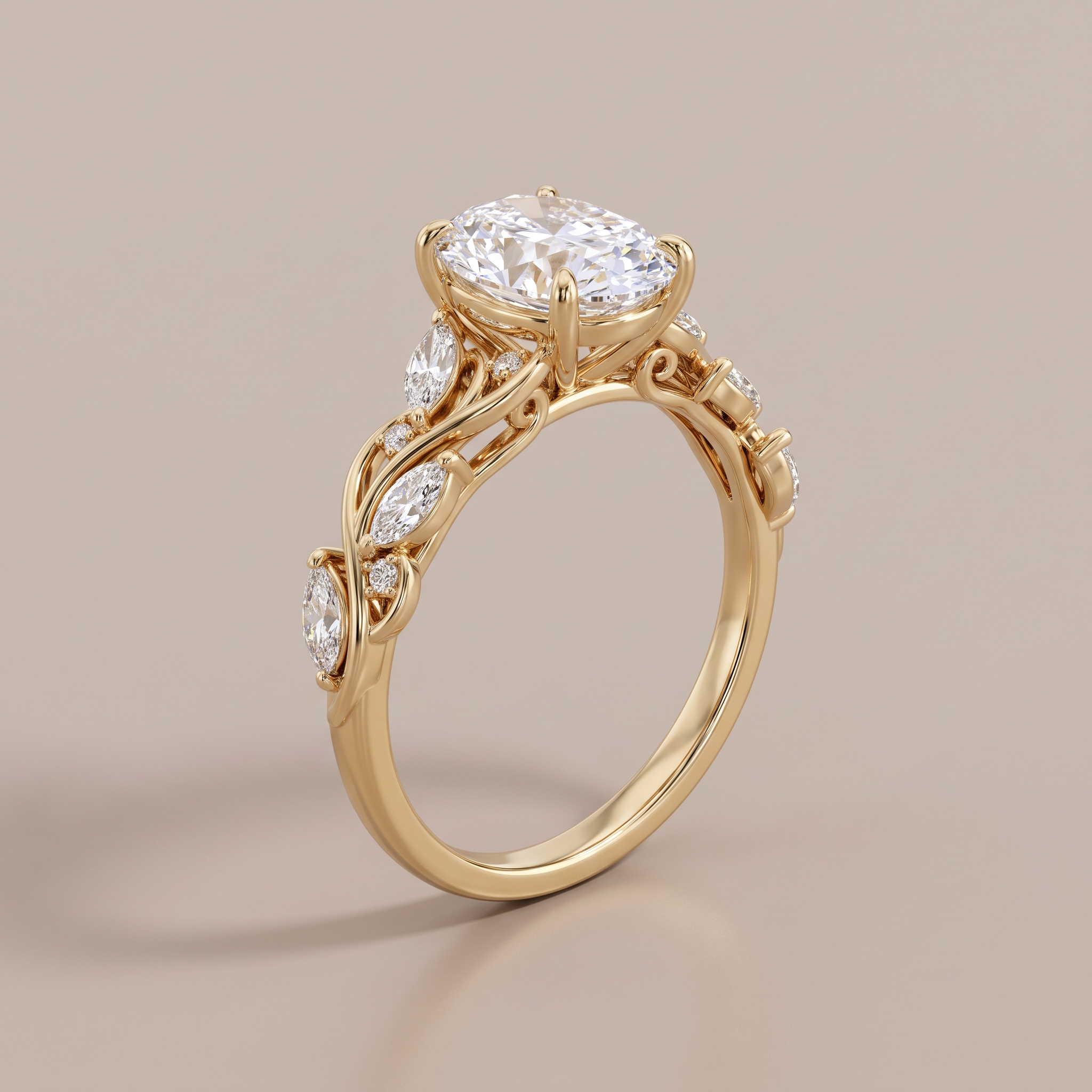 A CAD render of an oval solitaire engagement ring on a gold leaf and vine band set with marquise diamonds, shown in a pale design viewport